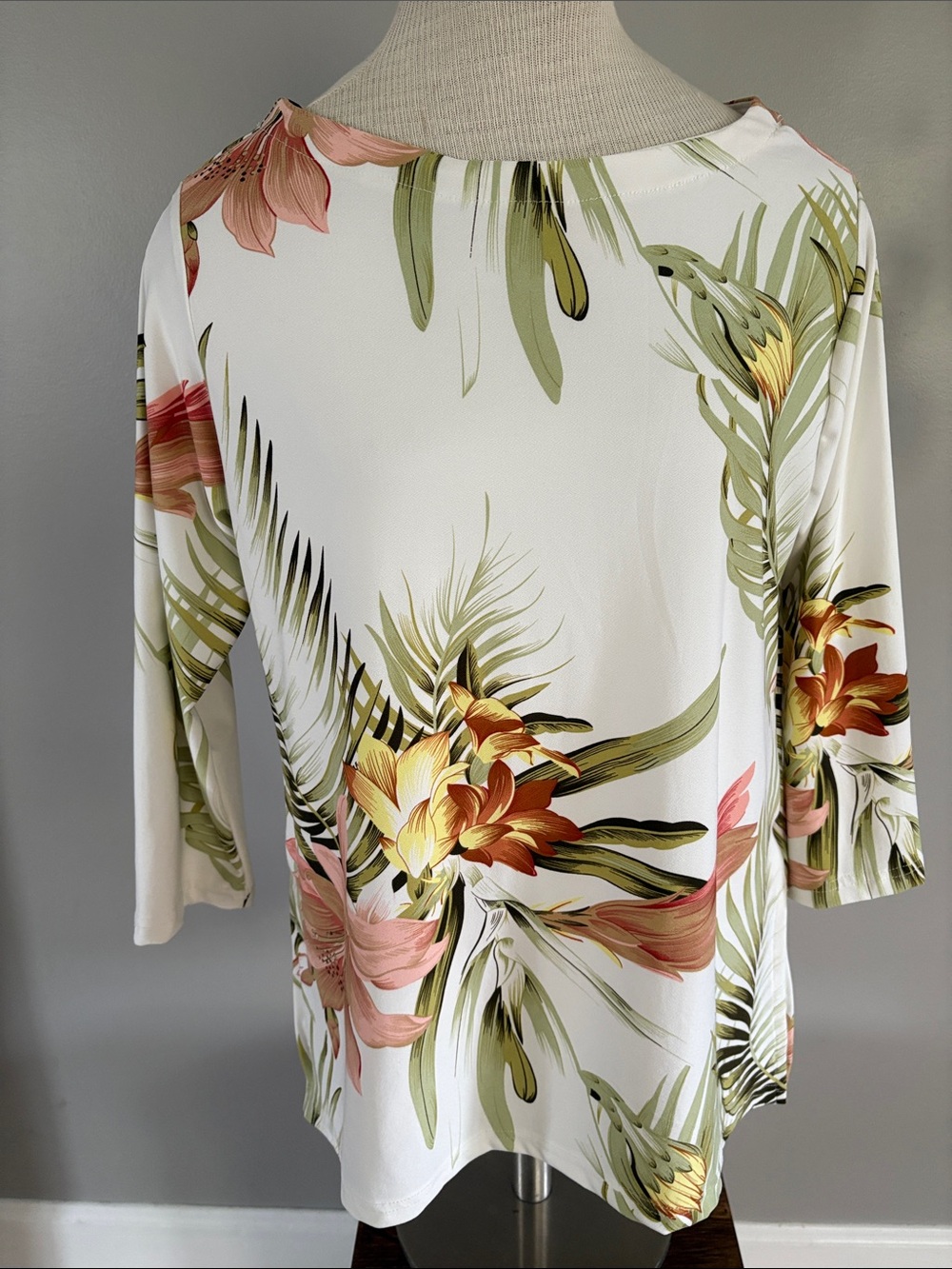 Women's Boatneck Floral Blouse - White with Green & Peach Floral Print